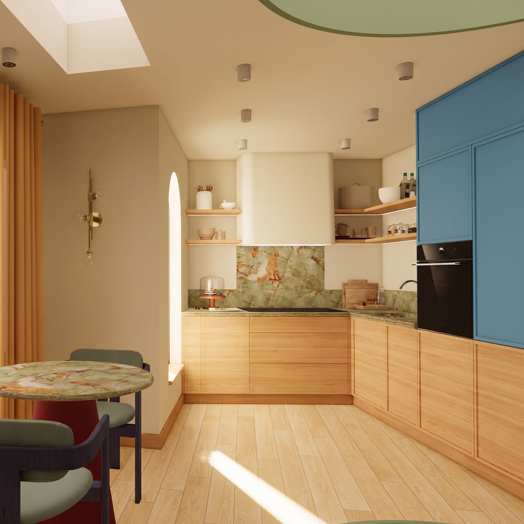 Mezzanine level interior of new Inverness Street family home with rooflight