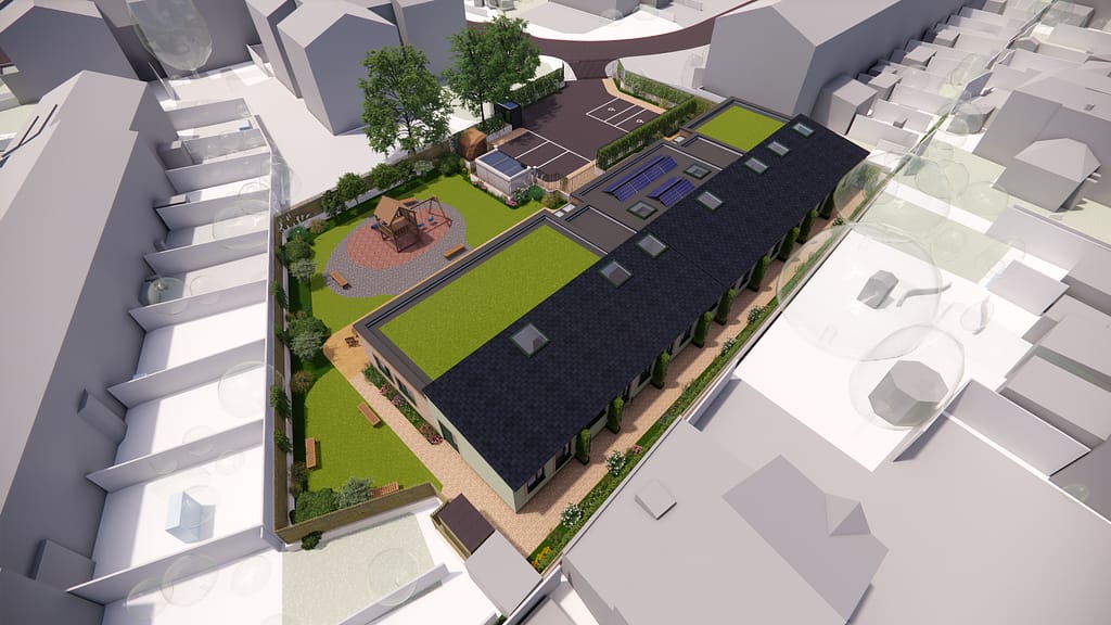 Aerial visualisation of Aldwych Close wheelchair accessible residential development in Hornchurch