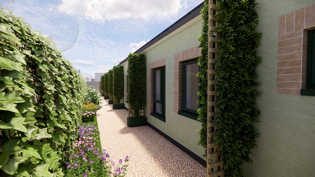 Garden and outdoor shed area of Aldwych Close children's residential development, Hornchurch