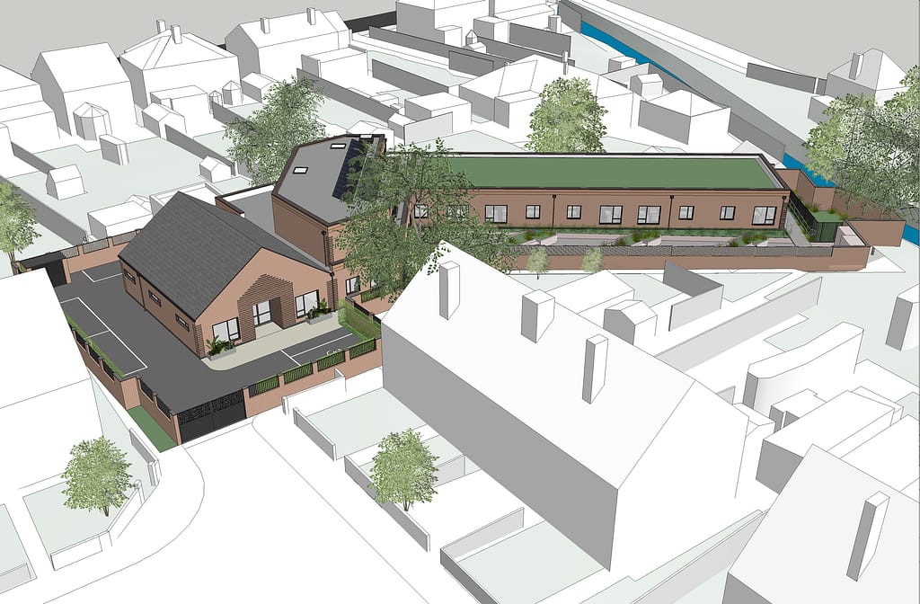 Exterior view of new-build supported housing for young adults at Mawney Close, Romford