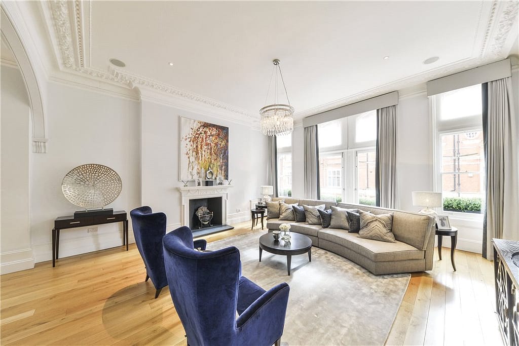 Ground floor living room interior of Grade II listed property at Cadogan Gardens, Chelsea