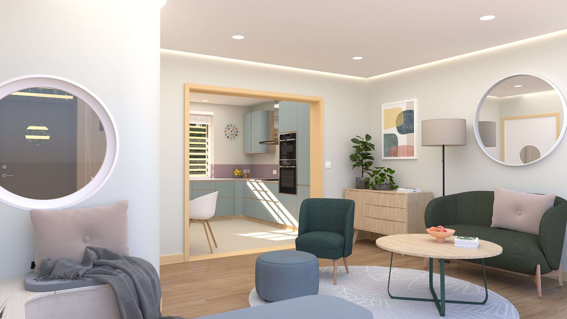 Interior living room of Pax Homes modular housing prototype designed for people with autism