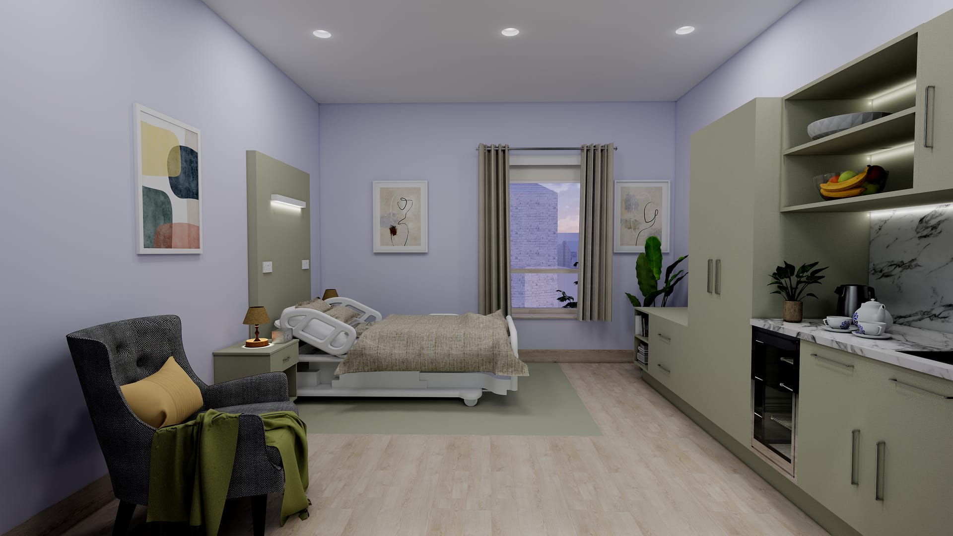 Architect's visualisation of bedroom interior at RISE Reablement Centre, Putney, designed for dementia care