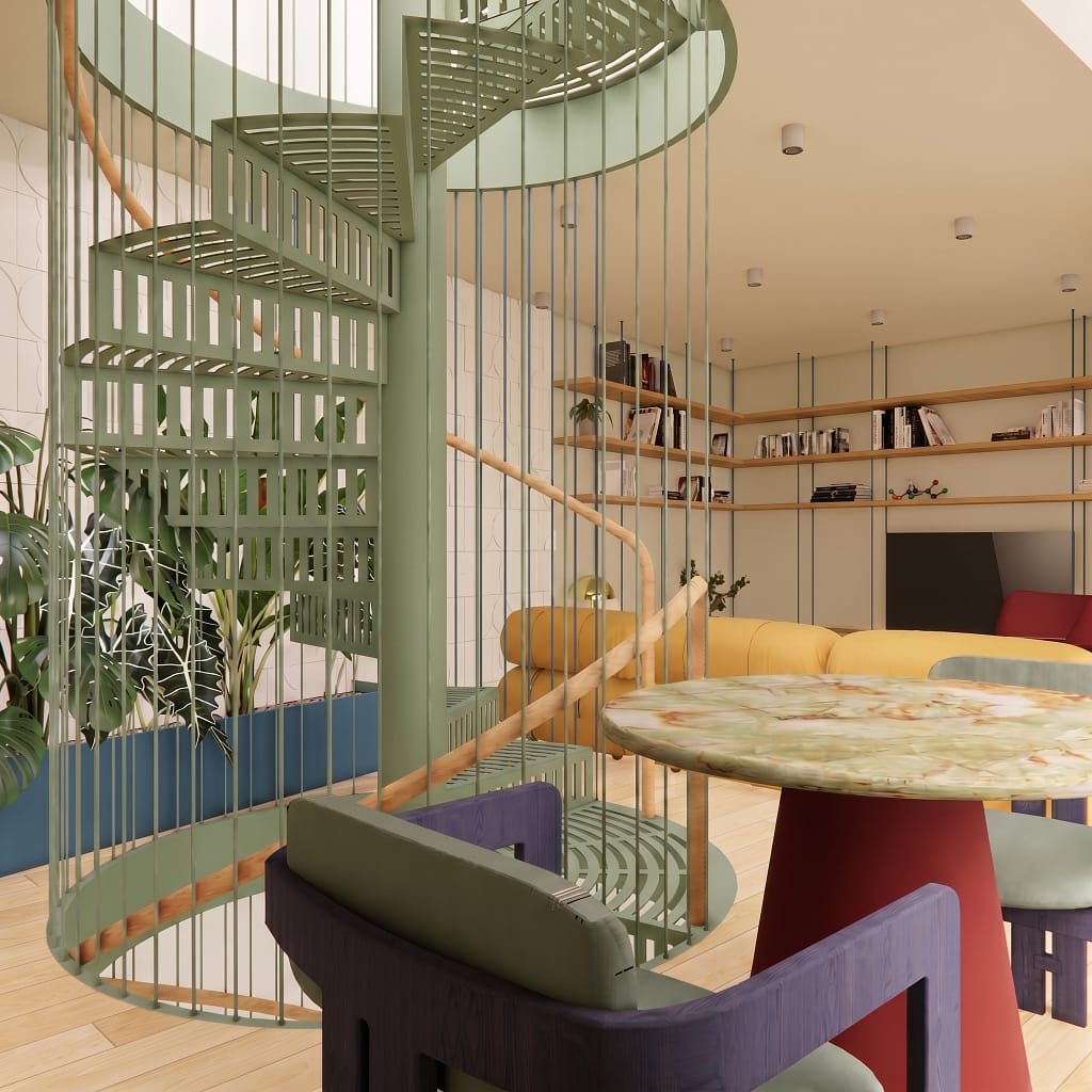Upper floor interior of new Inverness Street home with spiral staircase and natural light within Primrose Hill Conservation Area,