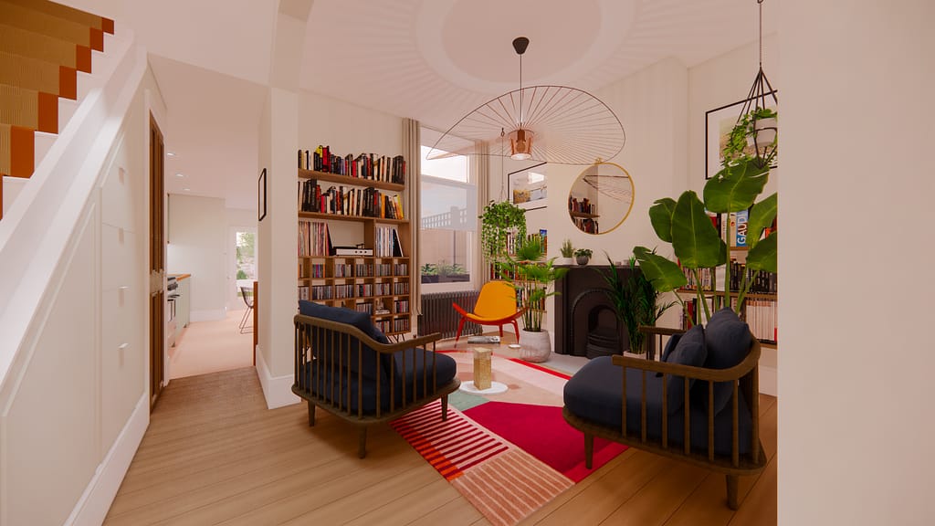 Open plan living and kitchen space created through ground floor reconfiguration at Chesterton Terrace