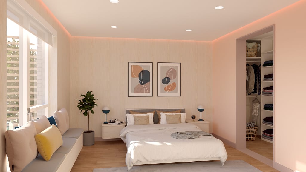 Bedroom interior of Pax Homes modular housing prototype for people with autism