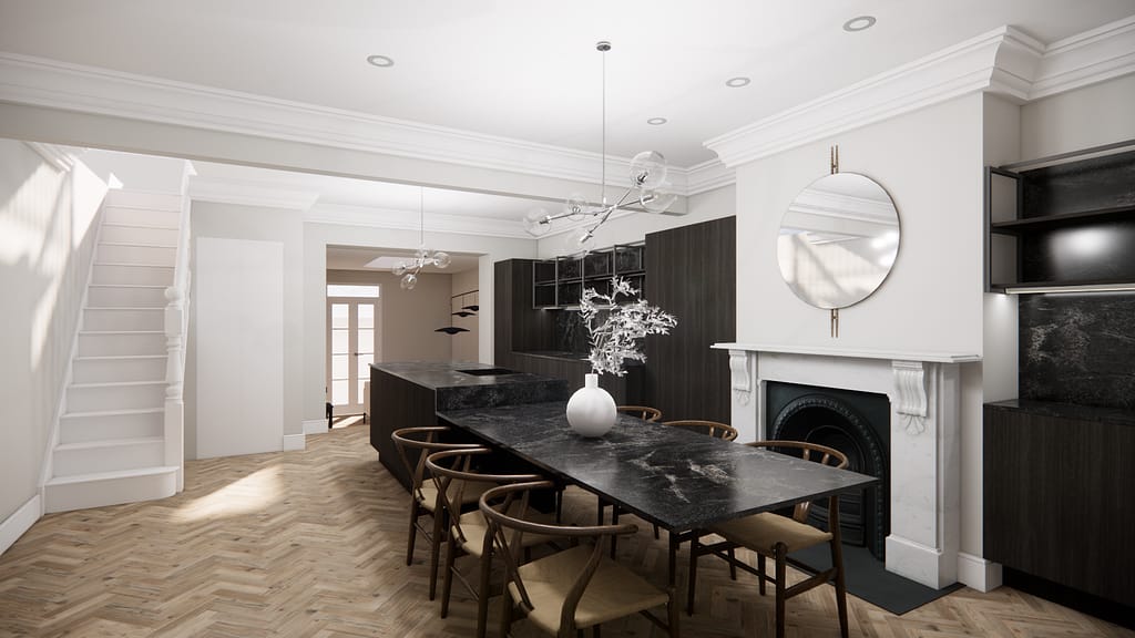 Interior kitchen view with parquet flooring and marble worktop in Notting Hill, Kensington