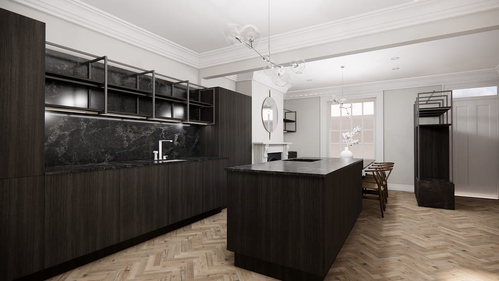 View of kitchen in victorian terrace house in Kensington conservation area
