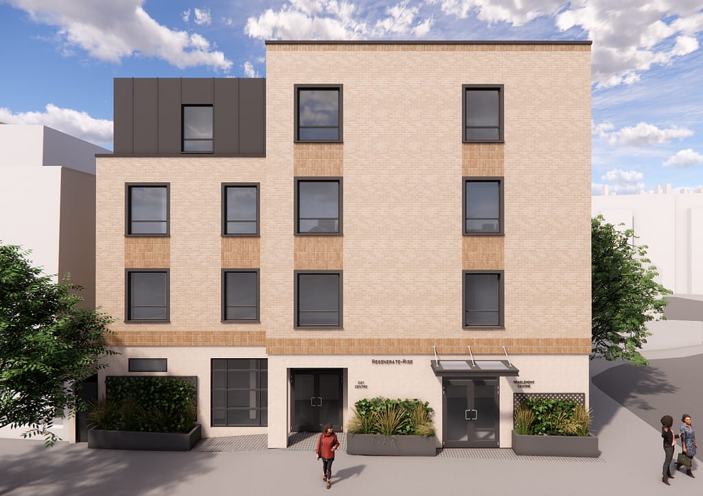 Front elevation design of RISE Reablement Centre, Putney, showing accessible entrance