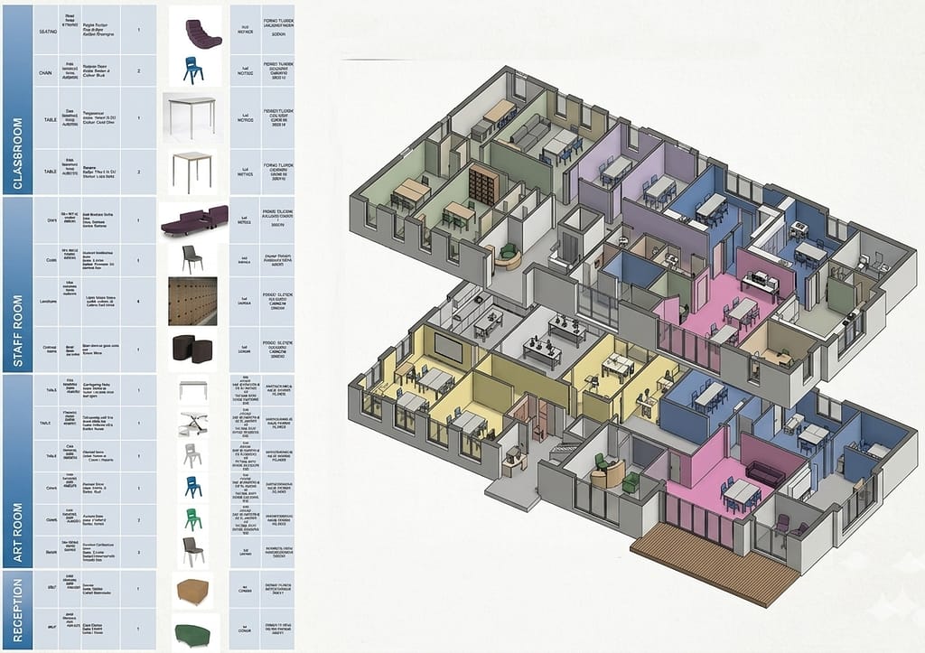 Custom furniture and 3D visualisation for New Barn School autism-friendly classroom
