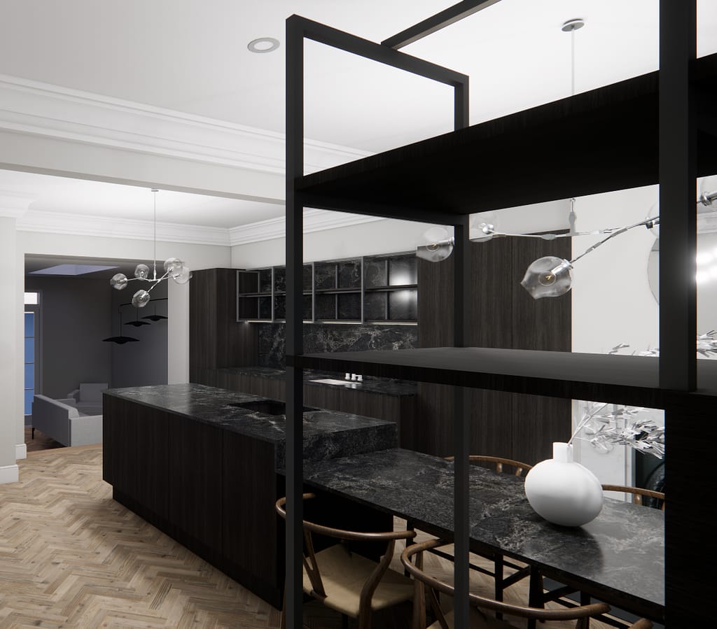 Detail of cabinetry looking towards living room