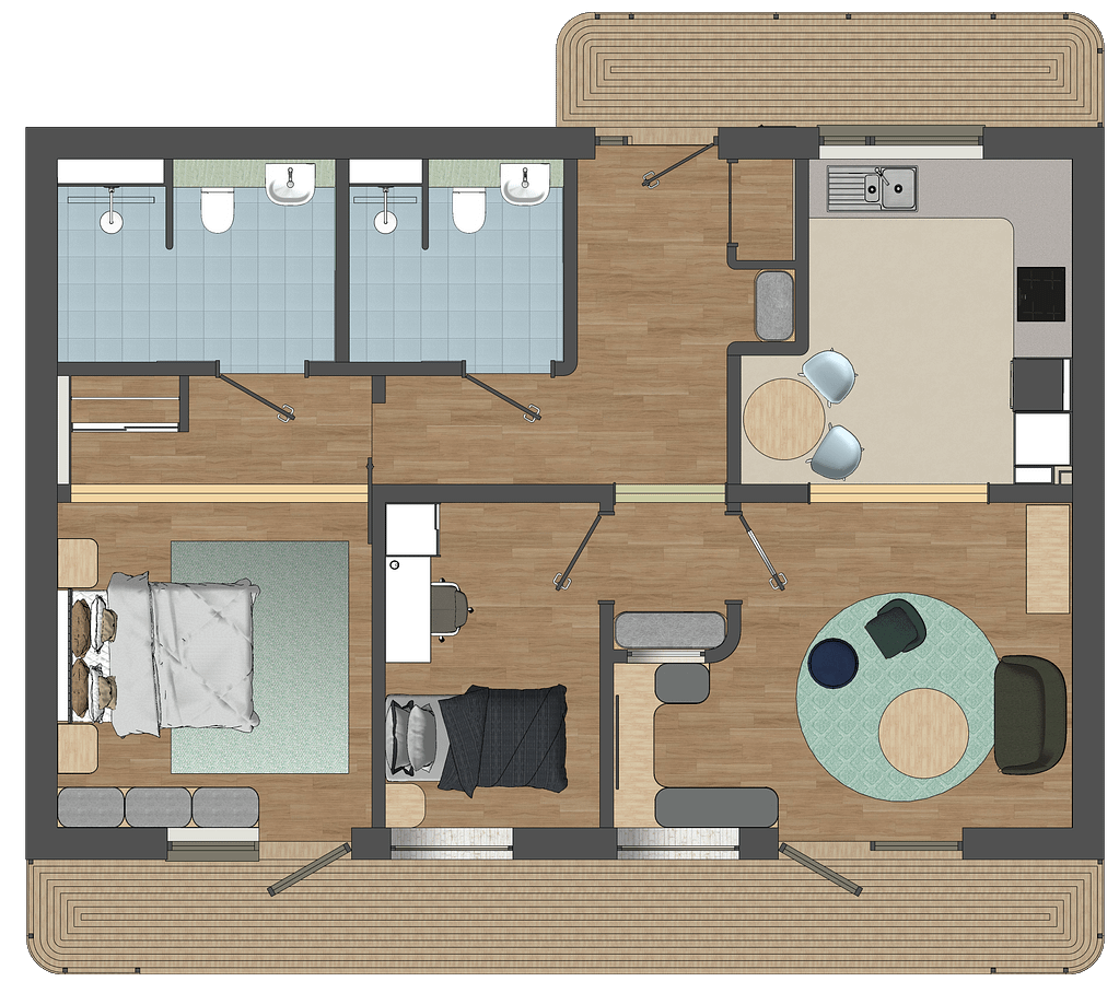 Floor plan of Pax Homes two-bedroom modular housing unit for neurodiverse residents