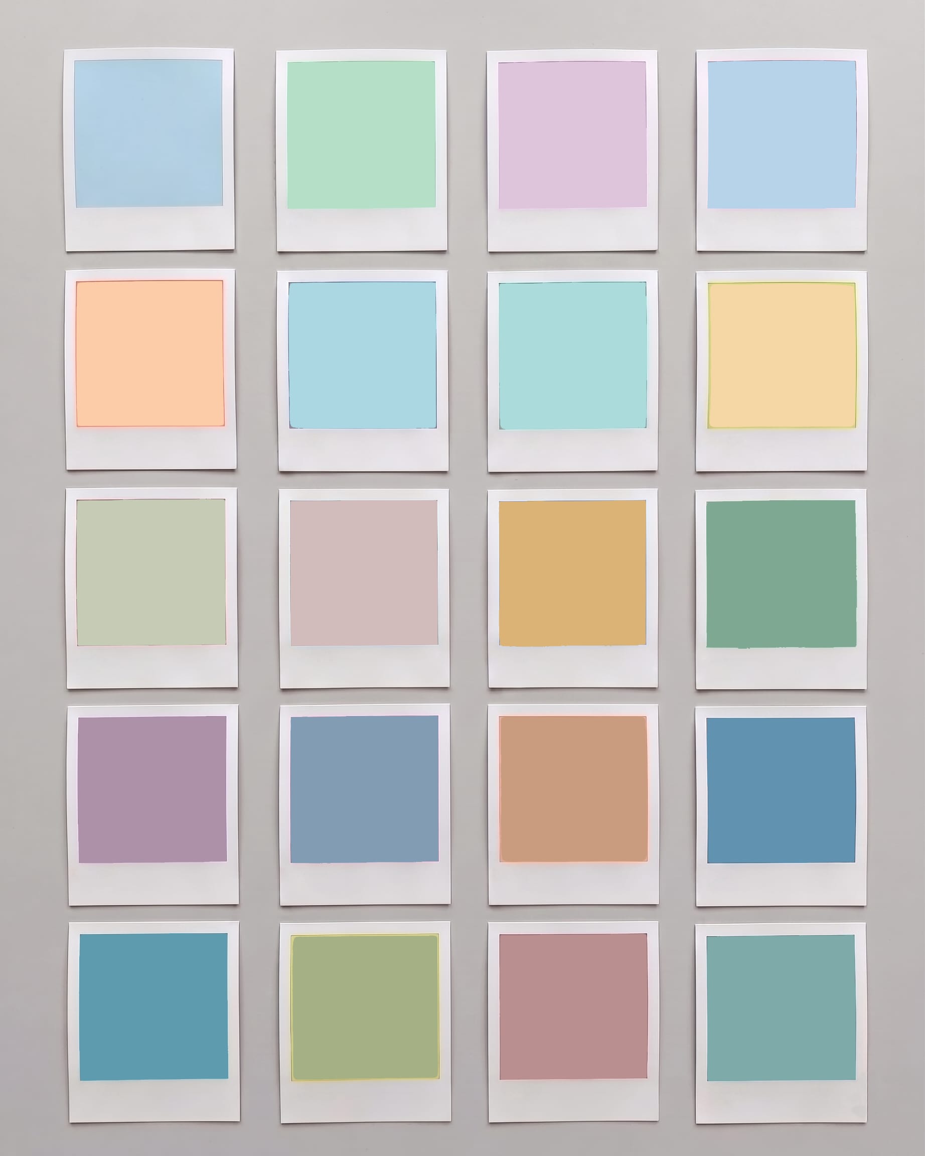 Grid of coloured paint swatches in muted, calm tones suitable for low-arousal autism-friendly environments