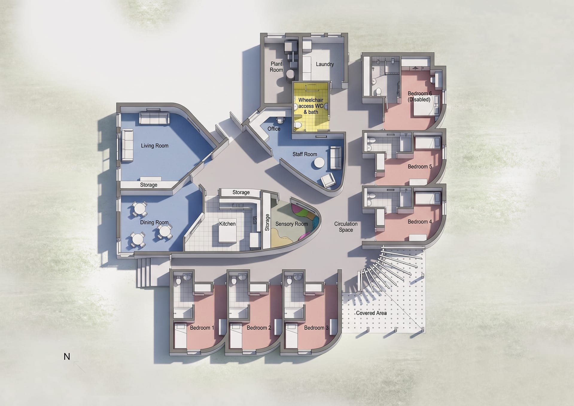 Circular 3D floor plan showing good spatial layout with open areas and clear circulation routes
