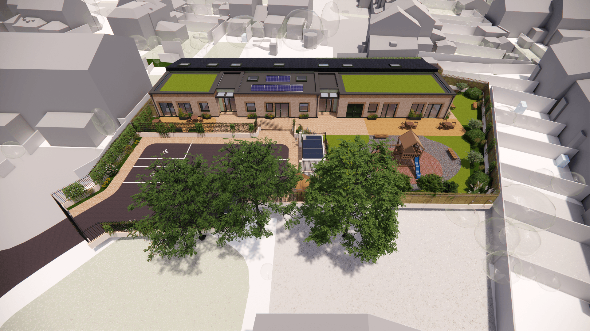Bird's eye view of proposed Aldwych Close children's residential scheme for autism and SEND, Hornchurch