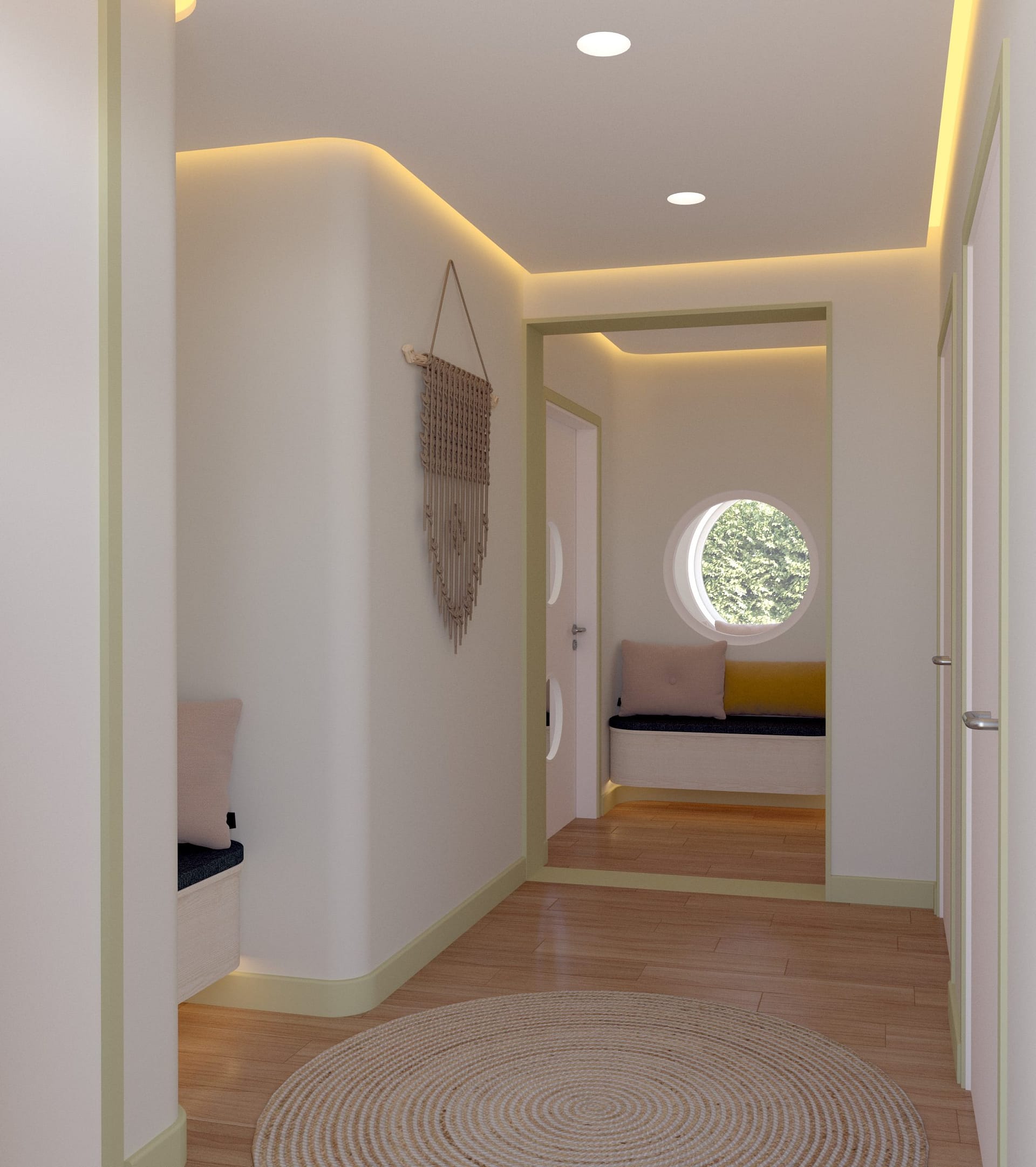 Bright corridor with natural light from circular window, demonstrating soft and diffused lighting design