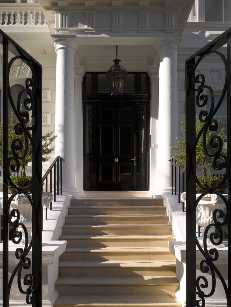 Front exterior of The Boltons Grade II listed Chelsea townhouse after major refurbishment