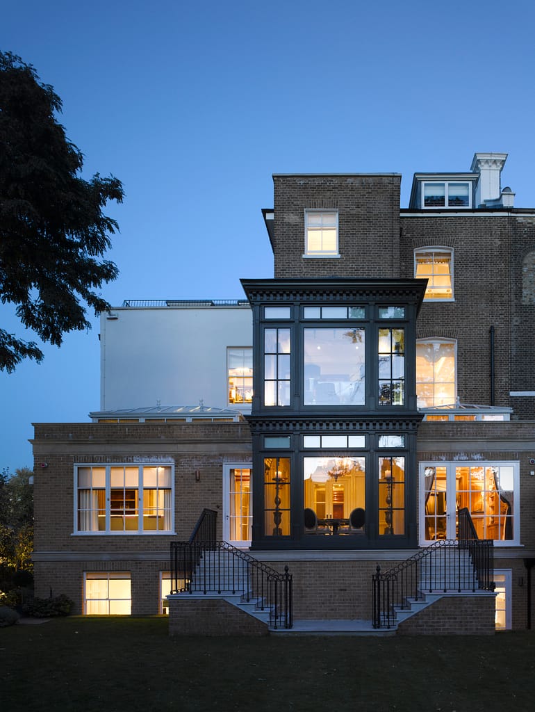 Rear garden elevation of Grade II listed property at The Boltons, South Kensington, post-refurbishment