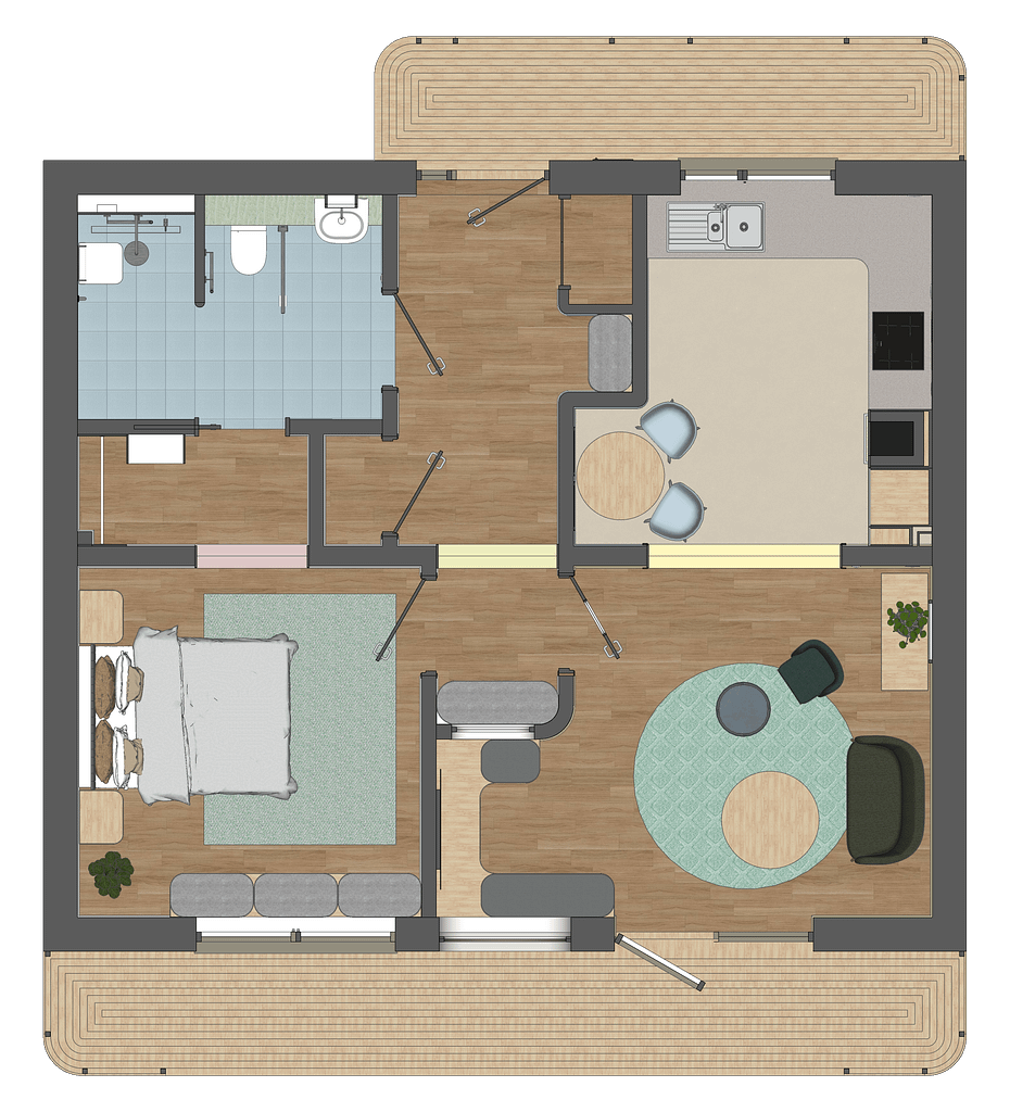 Floor plan of Pax Homes one-bedroom modular housing unit designed for autism
